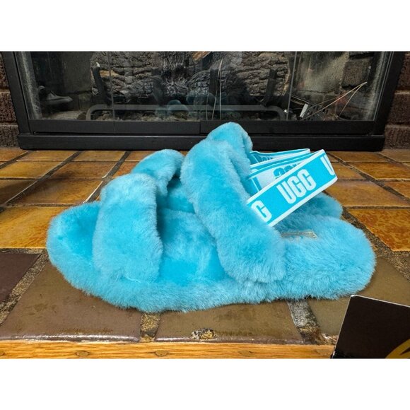 Youth 4 Ugg Australia Oh Yeah Light Blue Fluffy Soft Slippers 1115752K - Picture 5 of 8